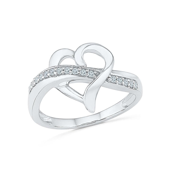 Silver Heart Design Ring with Prong Set Diamonds